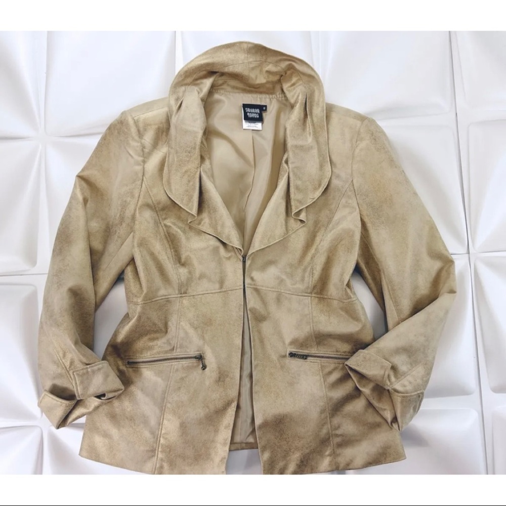 Sharon Young Sz 8 Women Ruffled Faux Suede Leather Blazer Jacket m Gold Metallic